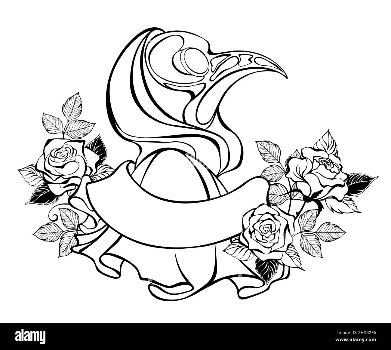 Contour, art drawing of plague doctor wearing cap with blooming roses, on white background. Design on halloween. Stock Vector