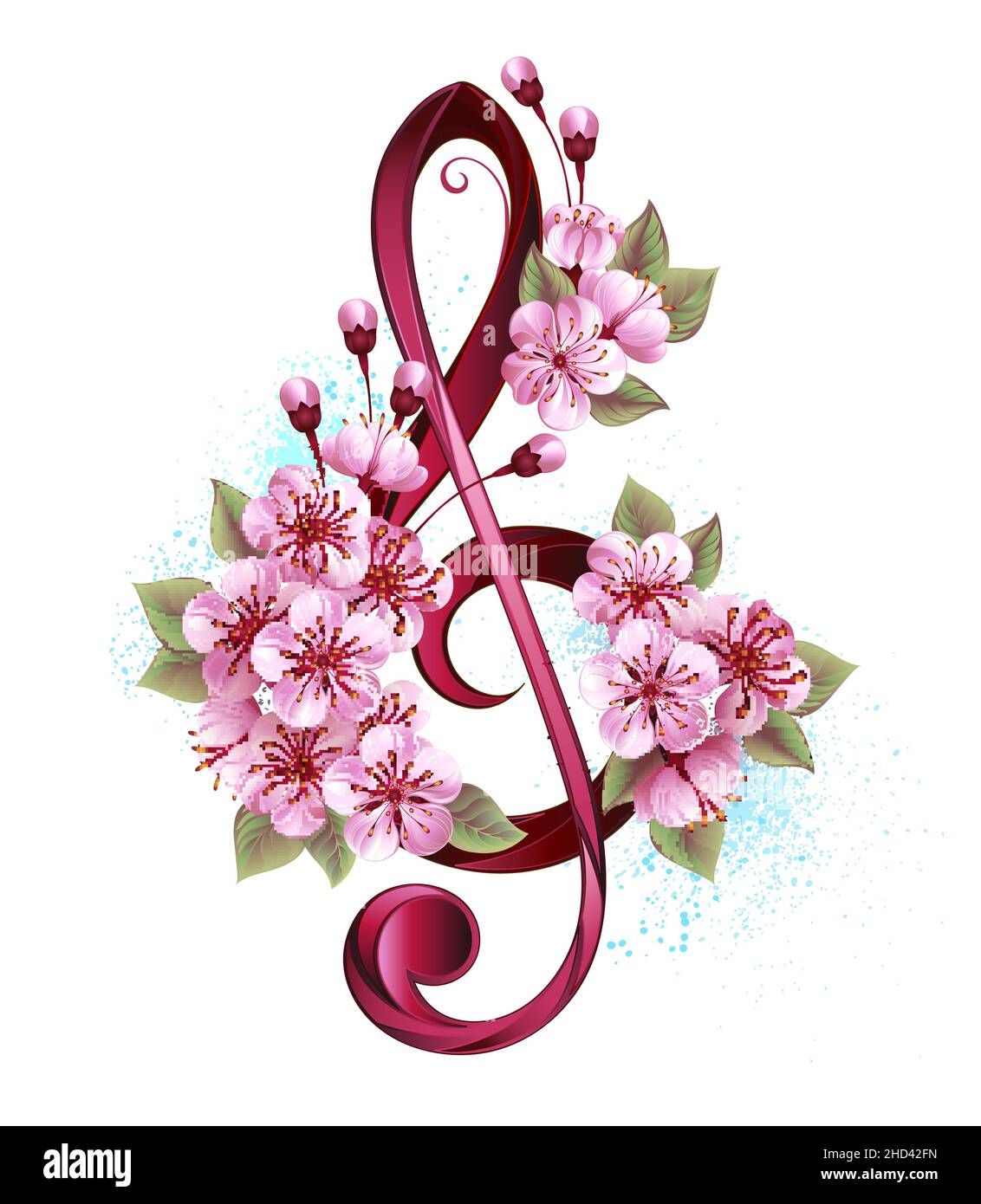 Pink treble clef with delicate, detailed pink Japanese cherry blossoms against white background painted over with light blue paint. Blooming pink saku Stock Vector