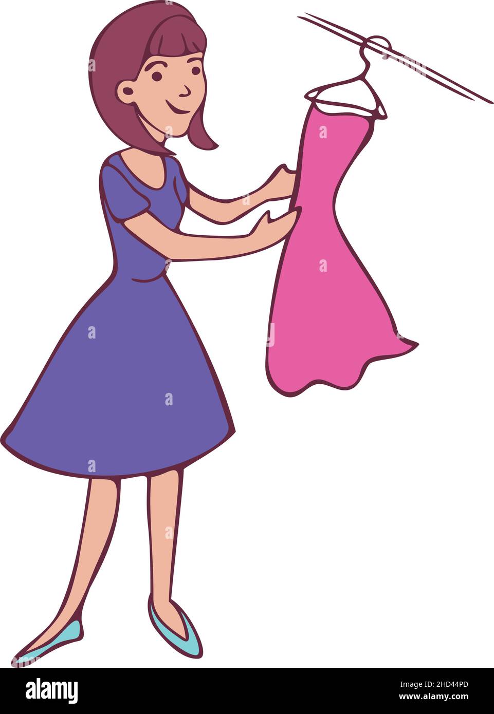 Vector illustration of woman with dress on hanger. Colored and depicted by a line. Stock Vector