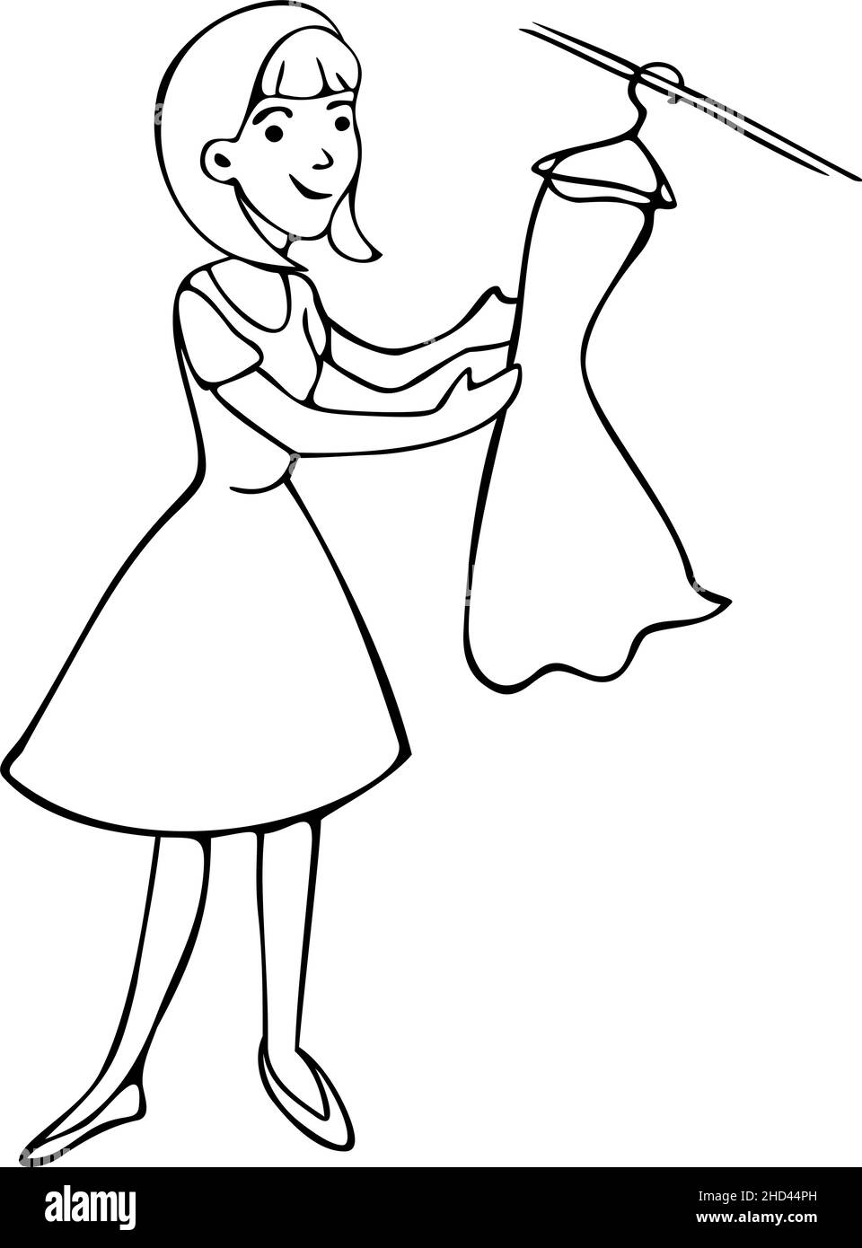 Vector illustration of girl with dress on hanger. Outline in cartoon style. Stock Vector