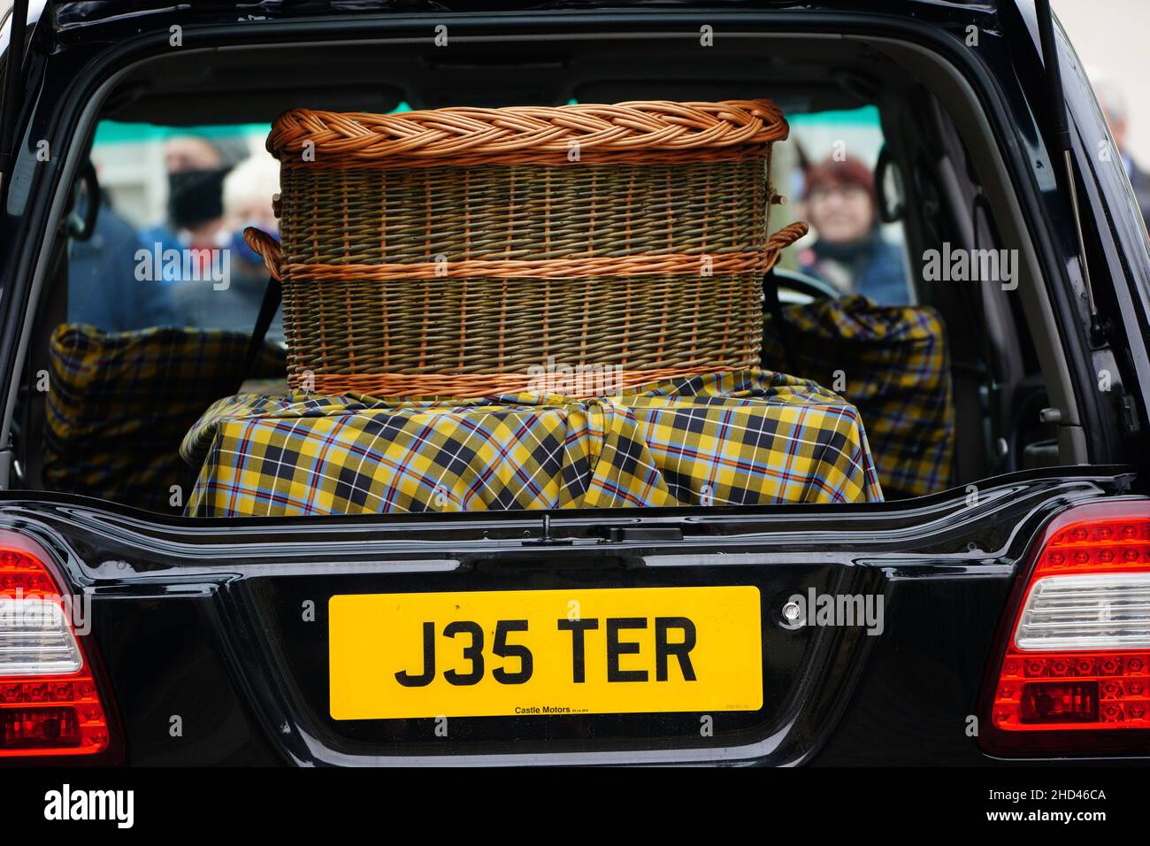 The car carrying the coffin, with personalised number plate J35TER, arrives  for the funeral of Cornish comedian Jethro at Truro Cathedral in Cornwall.  Jethro, real name Geoffrey Rowe, died on December 14