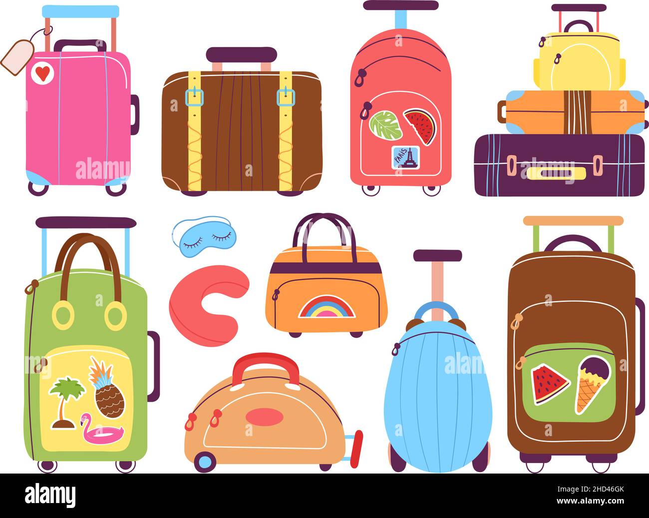 Suitcases. Trip luggage, cartoon suitcase pack. Traveler stuff, tourism and vacations. Travelling bags, backpacks for journey. Flat voyage decent Stock Vector