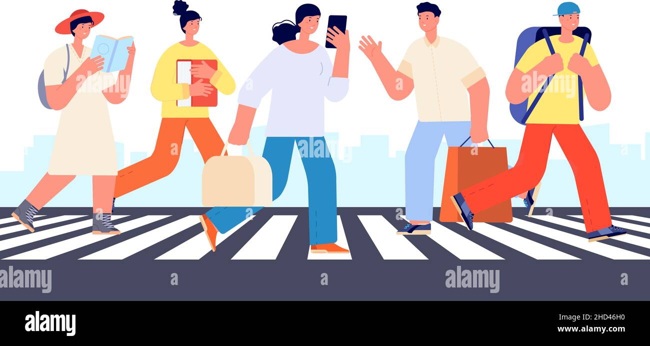 Crowd on crosswalk. People walking city street. Urban downtown, tourists, businessman and students characters, vector concept Stock Vector