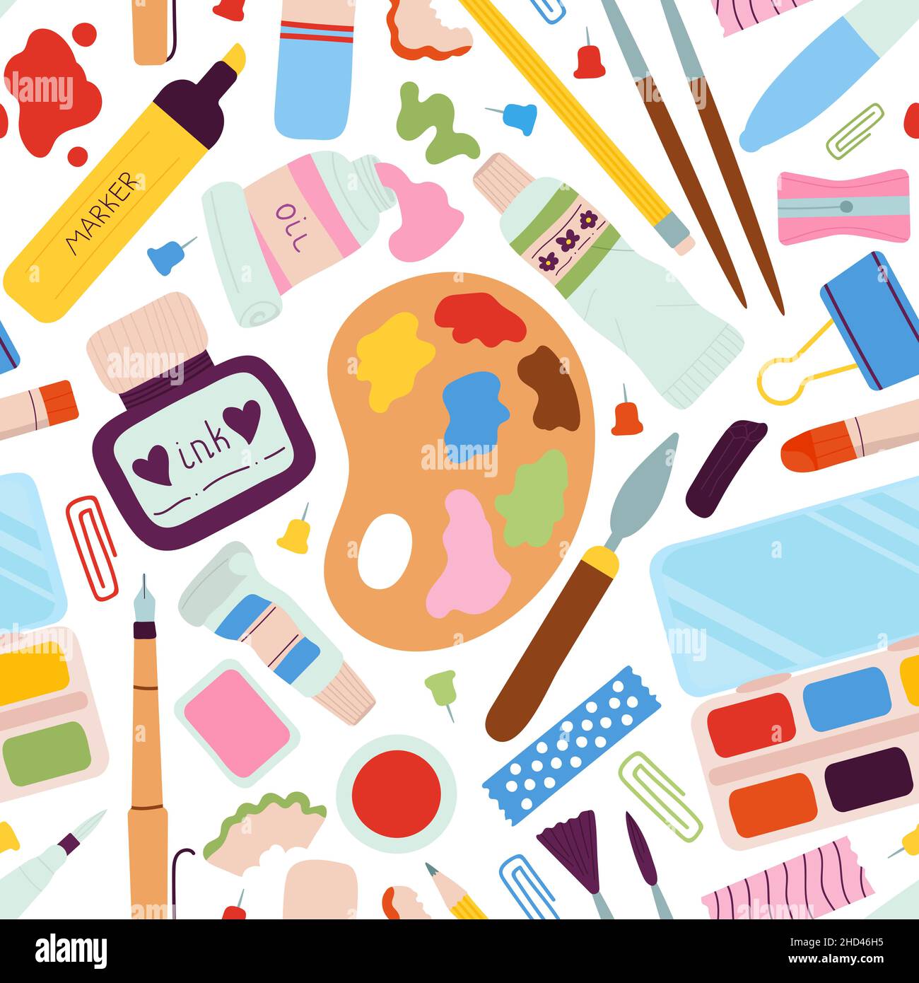 Drawing tools seamless pattern. Pen and watercolor, palette and