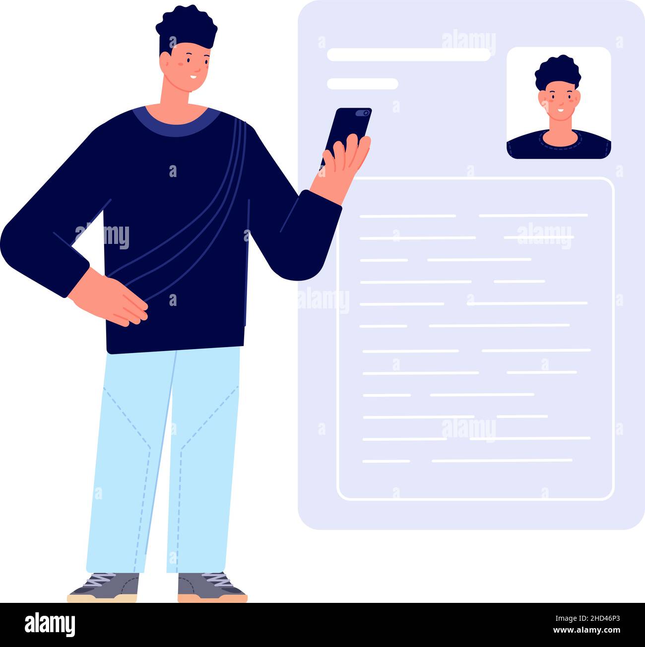 Man search work. Look job online, young guy publishes cv in internet. HR or human resources in business. Flat male character doing resume in social Stock Vector