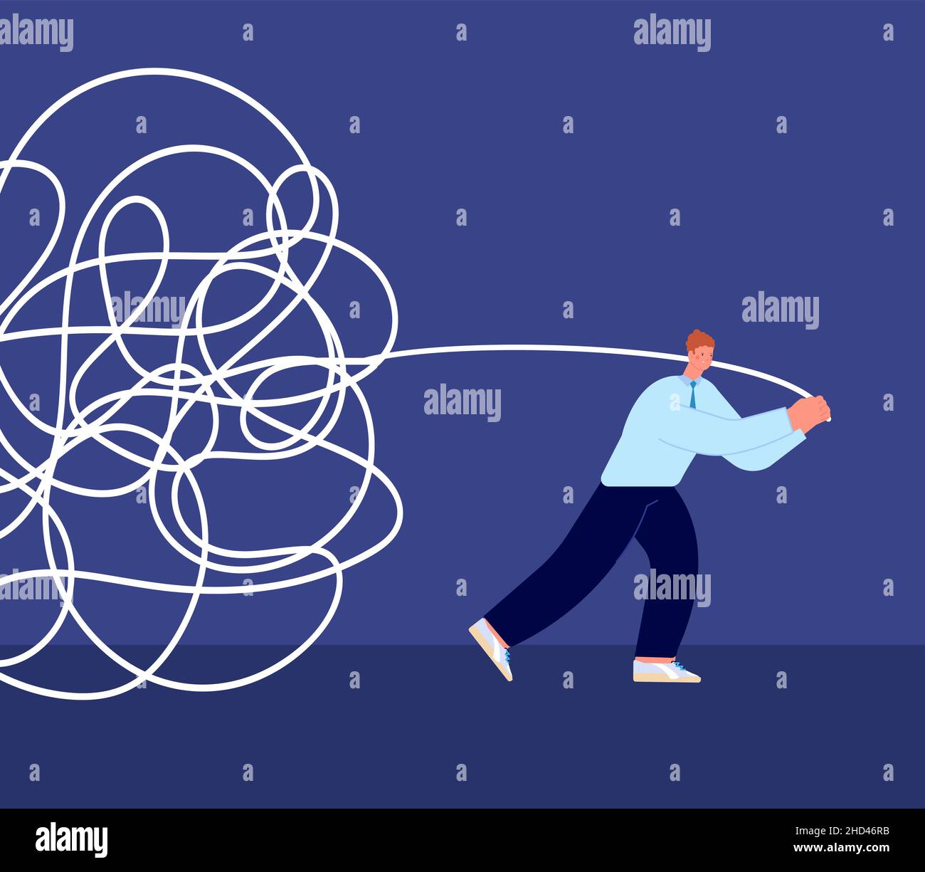 Tangled rope concept. Business problems metaphor. Businessman unraveling chaos. Mental dysfunction, man pulls along past life, vector concept Stock Vector