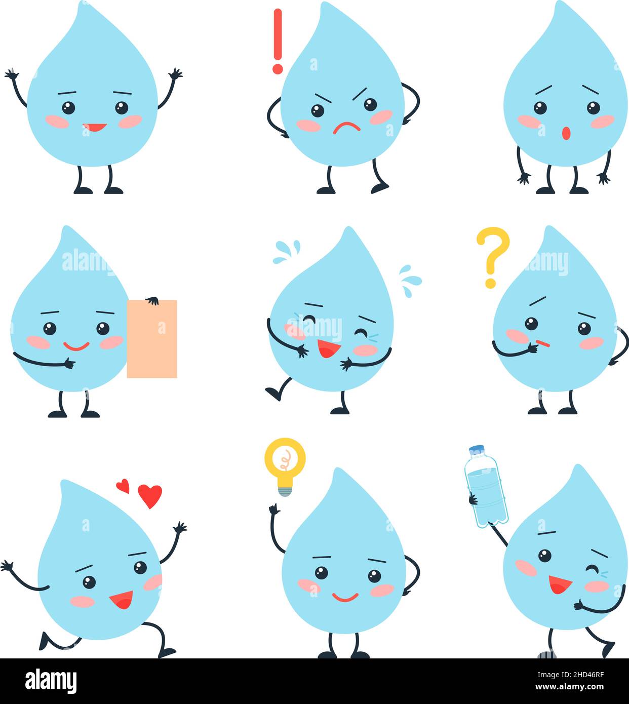 Cute cartoon drops. Funny drop, emotional droplets. Isolated water characters, thinking, angry and find solutions. Clean blue decent vector elements Stock Vector
