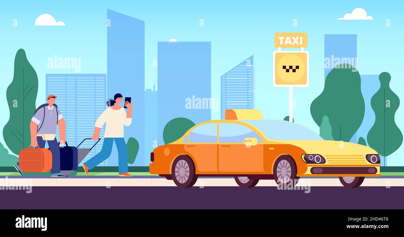 People with baggage go to taxi stop. City transport, transfer for