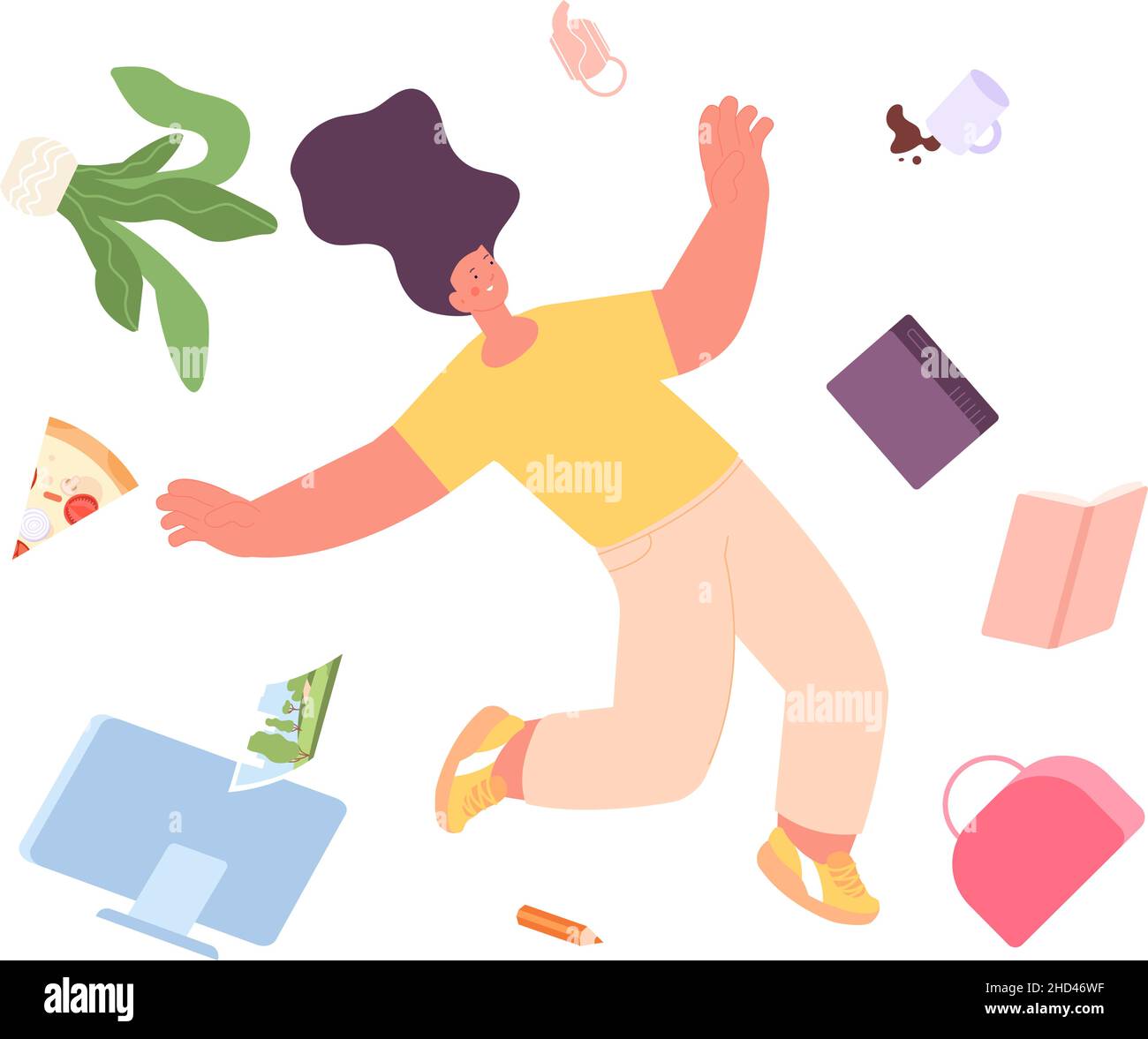 Woman falling down with different things. Female character fly, isolated girl fall with pizza, bag, book and computer, vector concept Stock Vector
