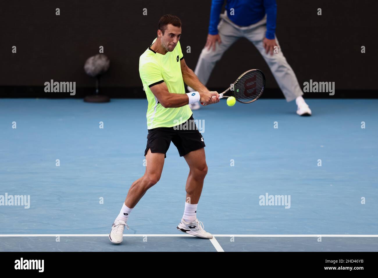 Adelaide, Australia, 3 January, 2022. Laslo Djere of Serbia plays a  forehand during the ATP singles match between Laslo Djere of Serbia and  Roberto Carballes Baena of Spain on day one of