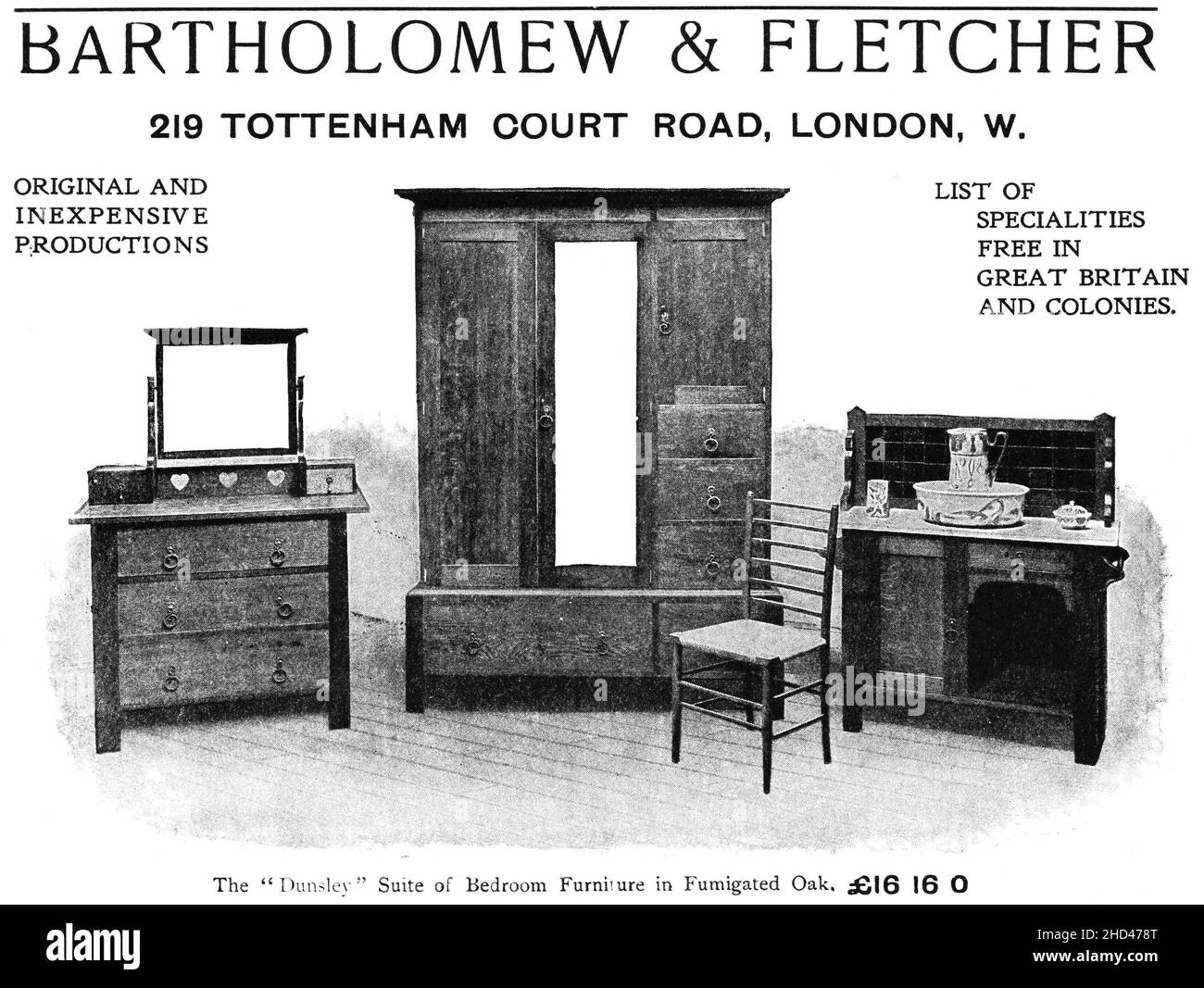 A 1902 advertisement promoting the products of Bartholomew & Fletcher of 219 Tottenham Court, London. Home furnishings. “Original and Inexpensive Productions”. The advertisement features an illustration of “The ‘Dunsley’ suite of bedroom furniture in fumigated oak”. Stock Photo