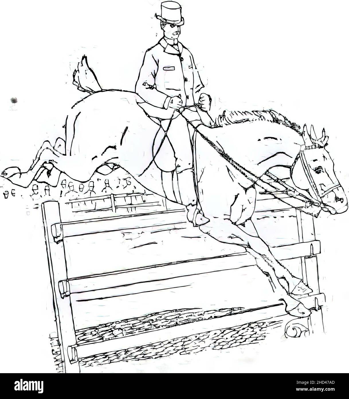 A black and white drawing of a rider on a horse during a contest jumping over a fen Stock Photo