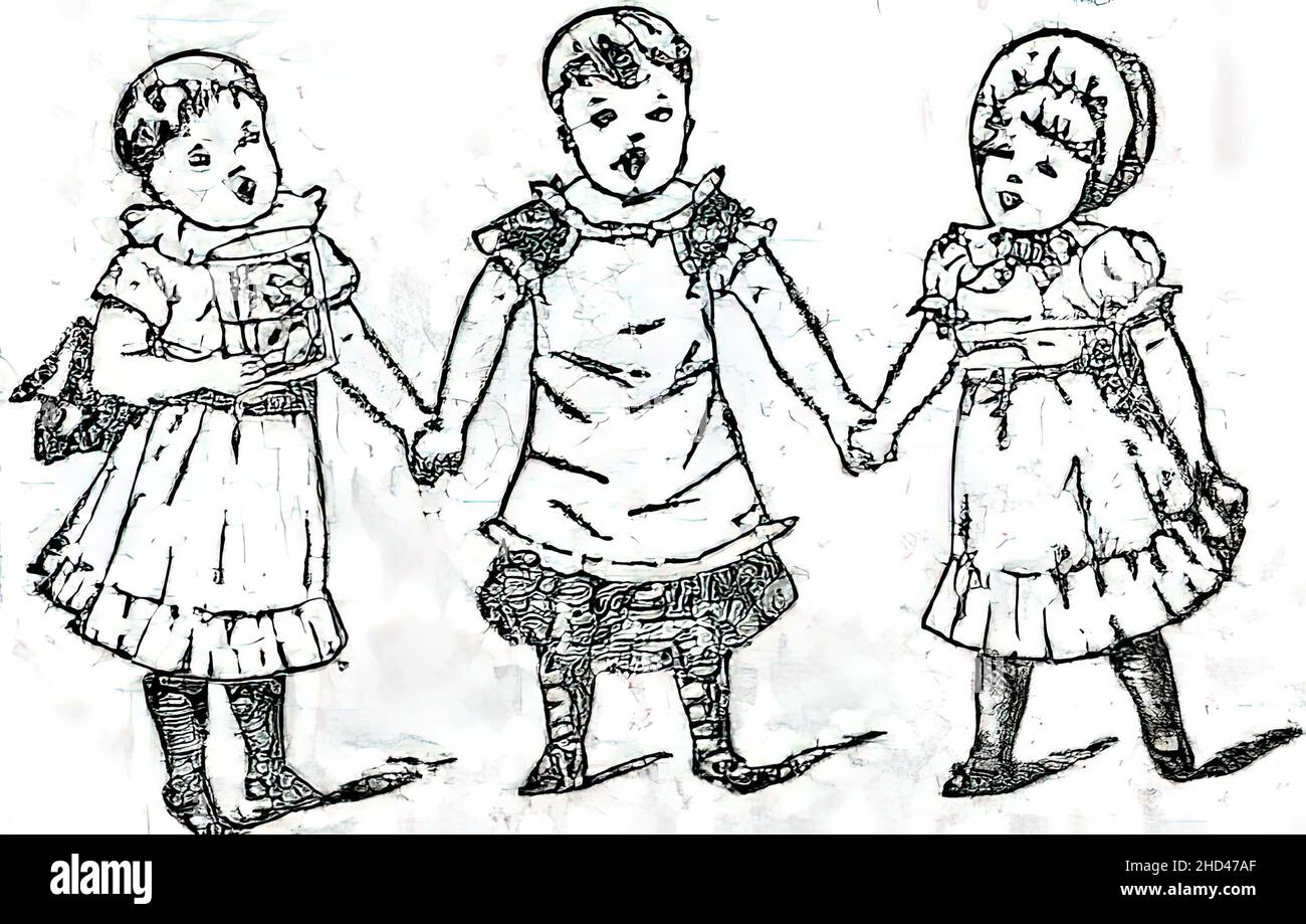 A black and white illustration of three kids holding hands and singing together Stock Photo