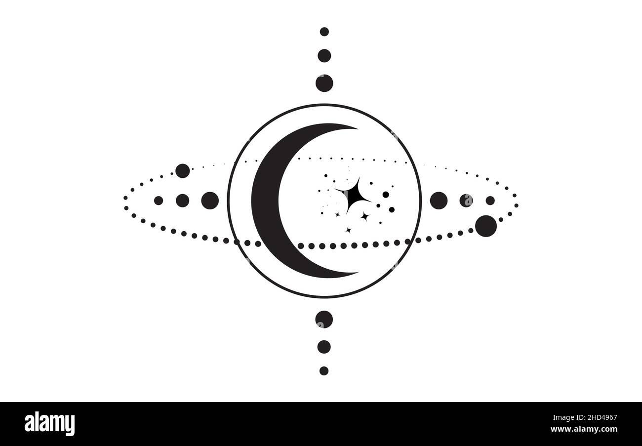 Mystical Sacred geometry. Moon, stars, orbits. Crescent Moon magic