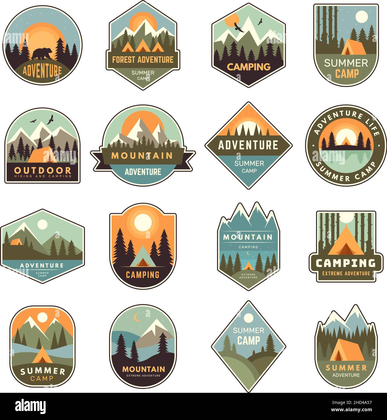 Summer camp badges. Mountain exploring labels outdoor adventure of scout in forest nature emblem recent vector templates set isolated Stock Vector