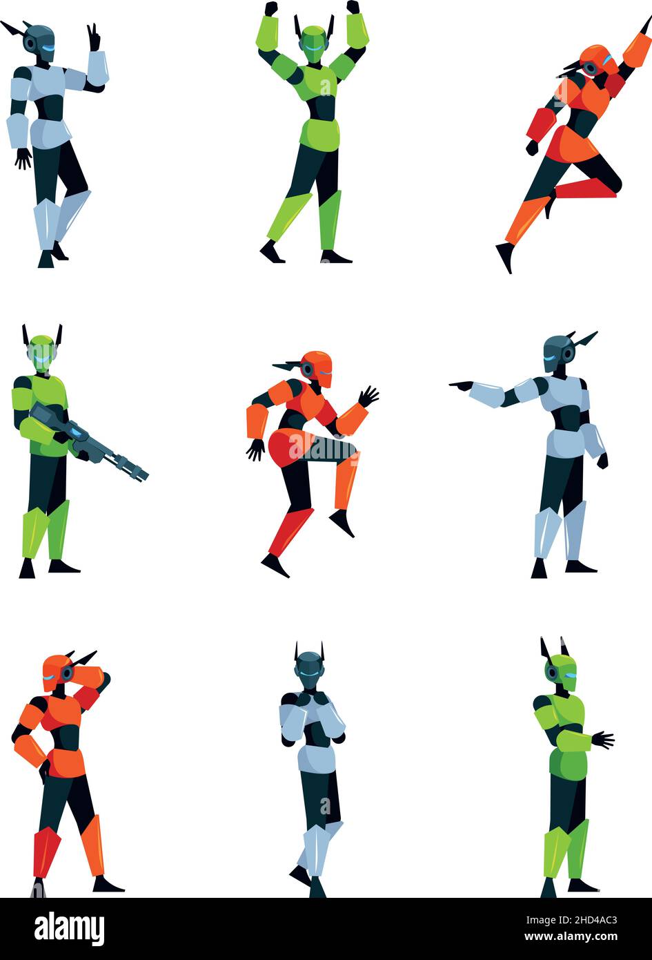 Robotic human. Humanoid in action poses scifi smart technological person in steel armor garish vector robotic character Stock Vector