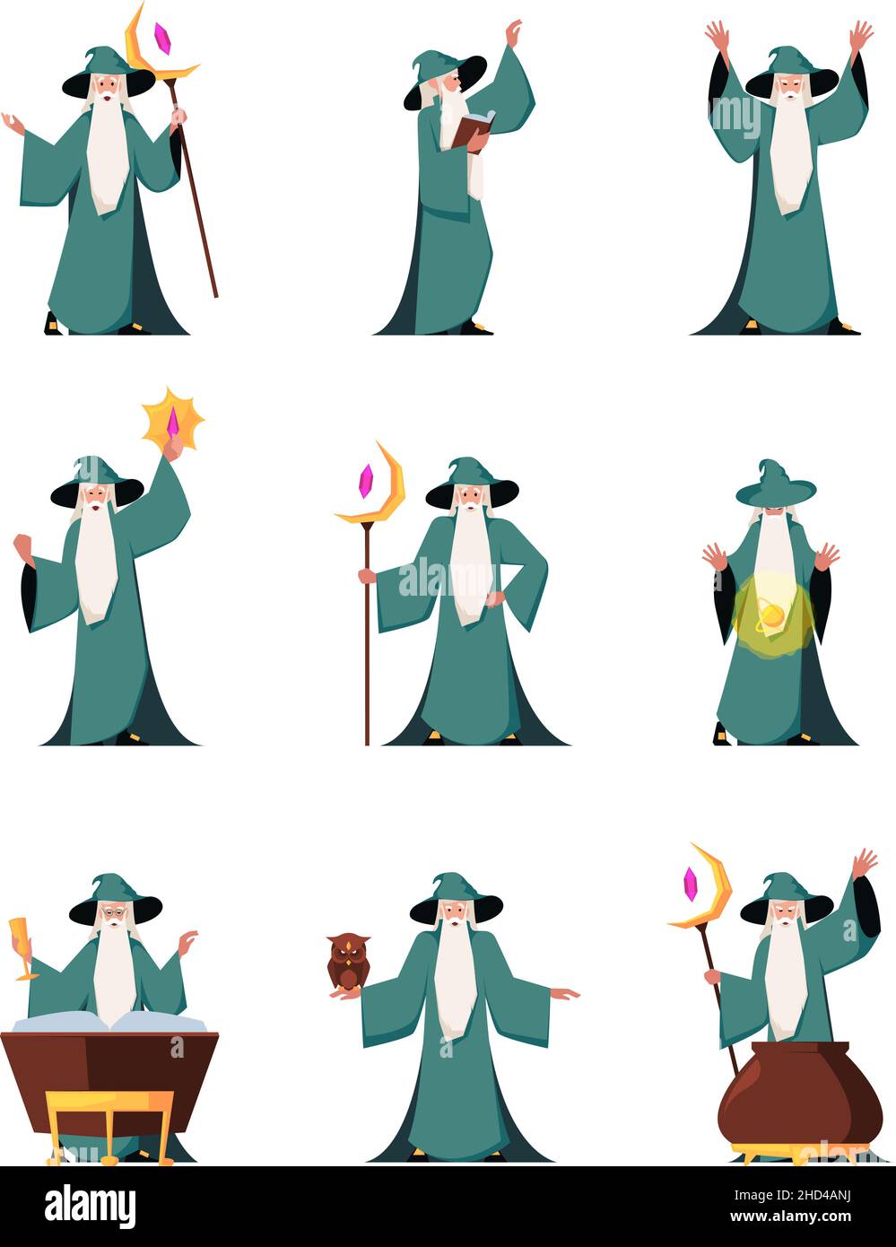 Wizard. Fairytale old magician making fantasy spells fabulous merlin garish vector colored flat person in action poses Stock Vector