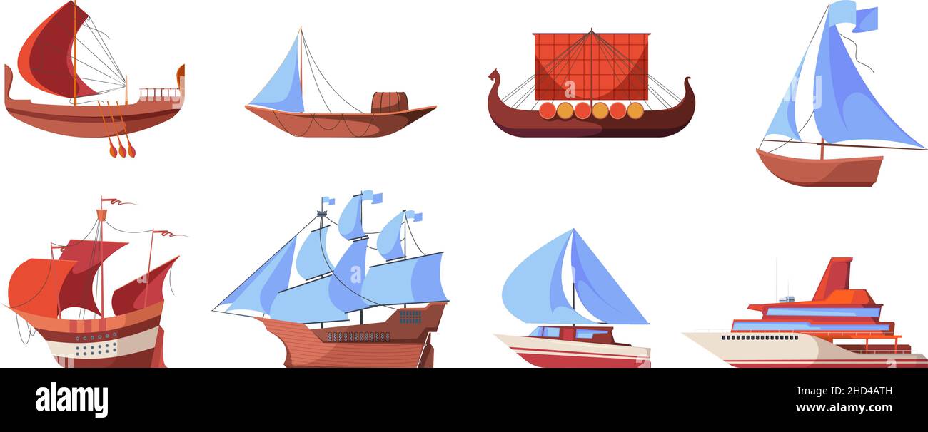Water vessel evolution. Sea yacht naval ship cruise vessel history marine boats and warships garish vector flat colored illustrations Stock Vector
