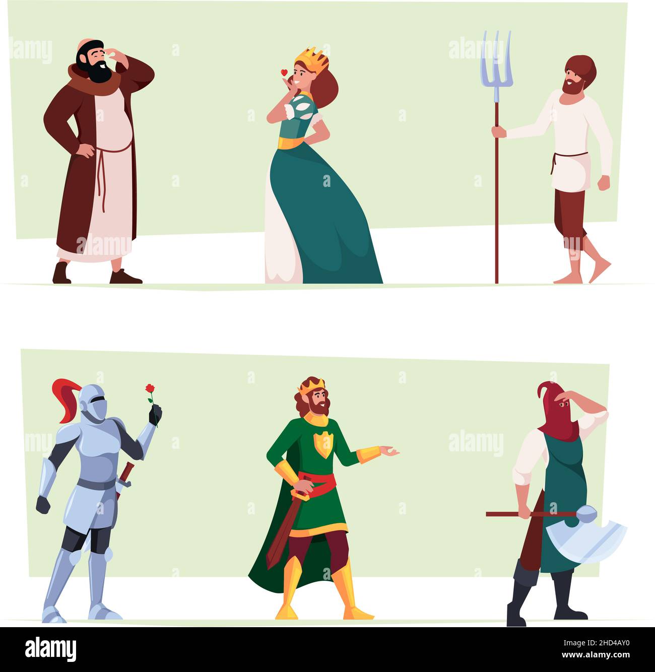Historic characters. Medieval fantasy knights princess royal queen fairytale kingdom persons garish vector authentic historical costumes Stock Vector