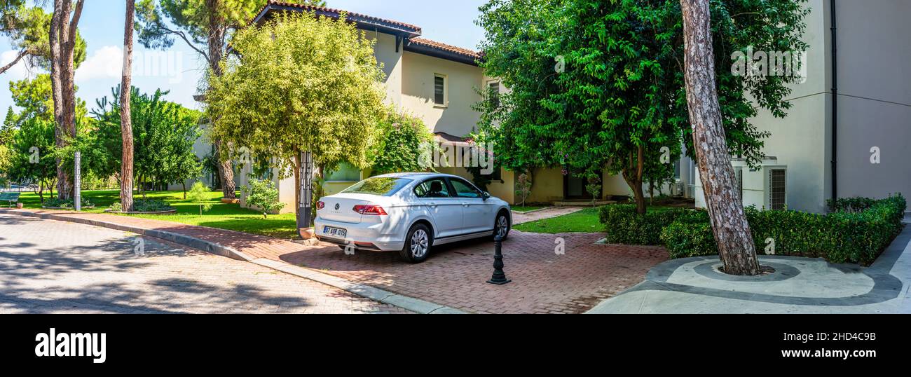 residence mansion or expensive hotel green facade. Volkswagen car in ...