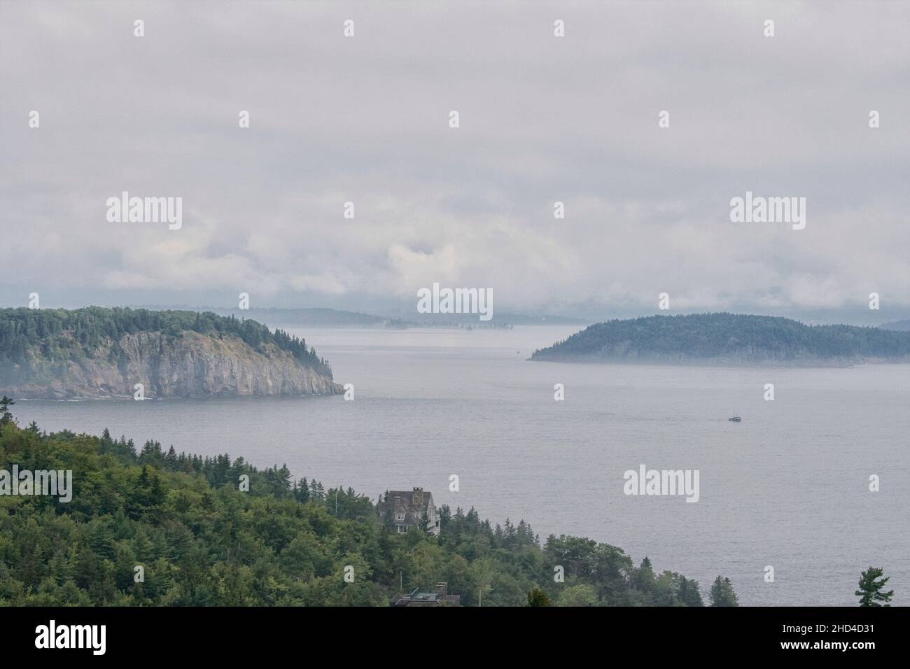 View of Frenchman Bay, Bald Porcupine Island and Long Porcupine Island, from Cadillac Mountain on an overcast day, Mount Desert Island, Acadia Nationa Stock Photo