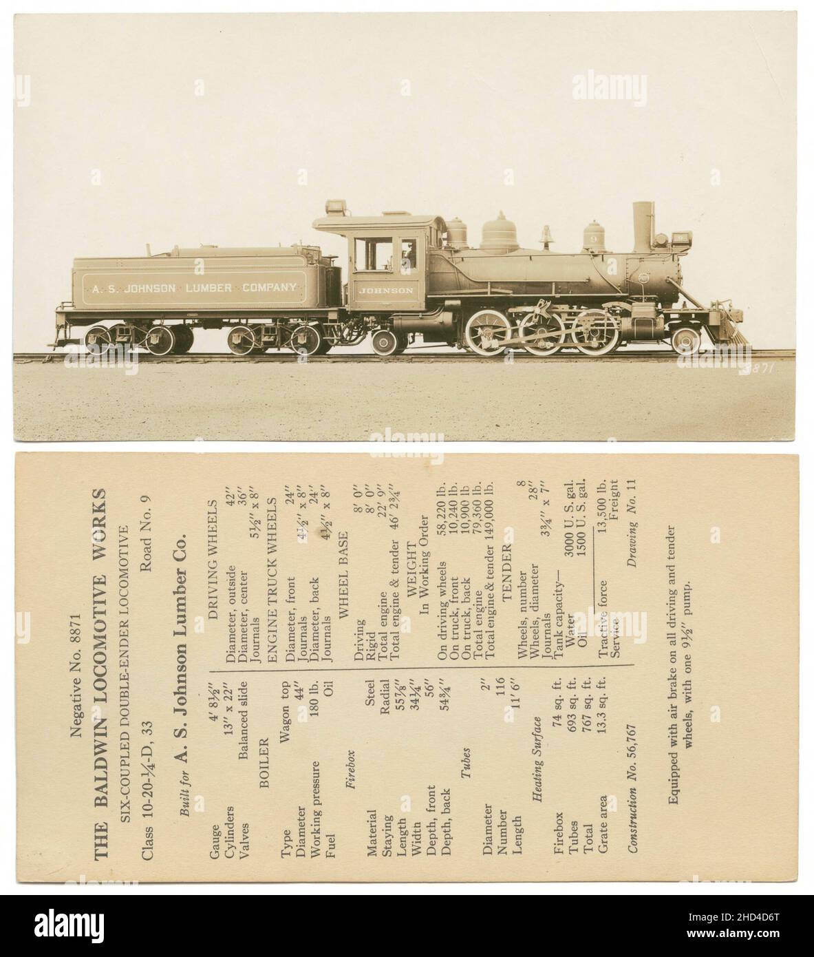 An old illustration of a nineteenth-century vintage steam locomotive published with its characteristics Stock Photo