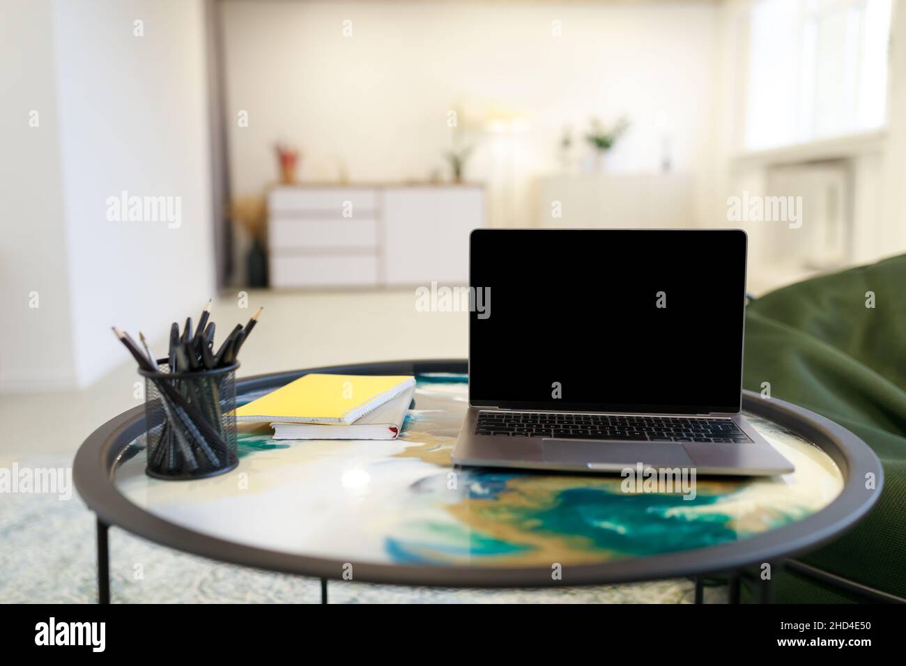 Modern Laptop With Black Empty Screen On Table, Mockup Stock Photo