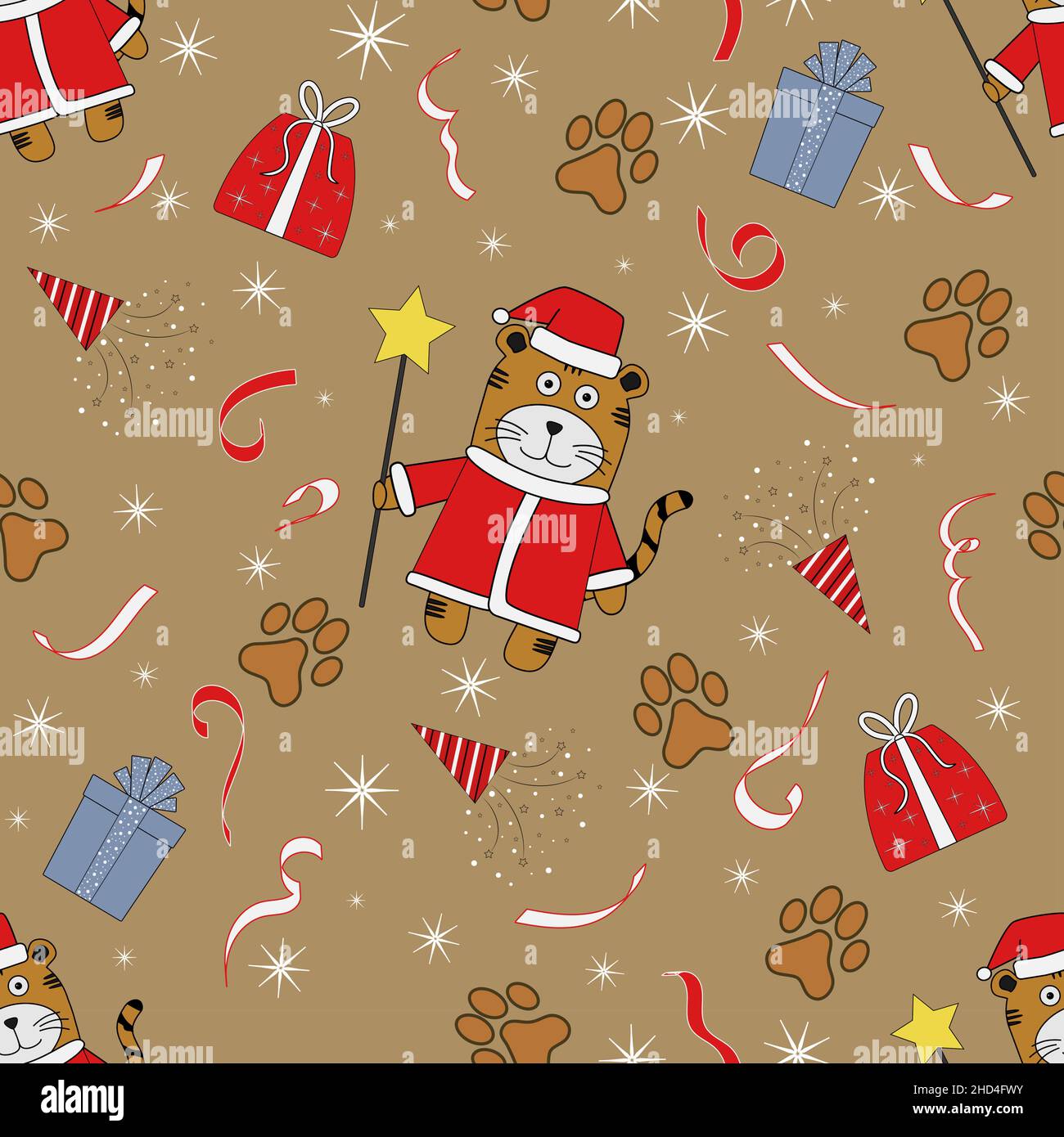 seamless pattern with a tiger in a Santa costume Stock Vector