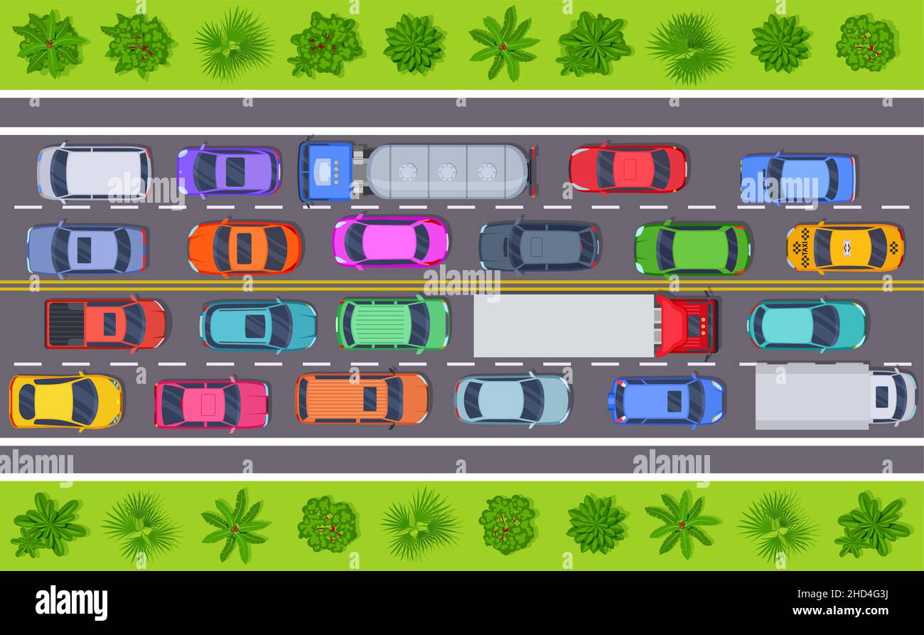 City traffic jam. Car rushing, transportation problems on highway. Bus, taxi, trucks stand on road. Vehicle group and garden elements, exact vector Stock Vector