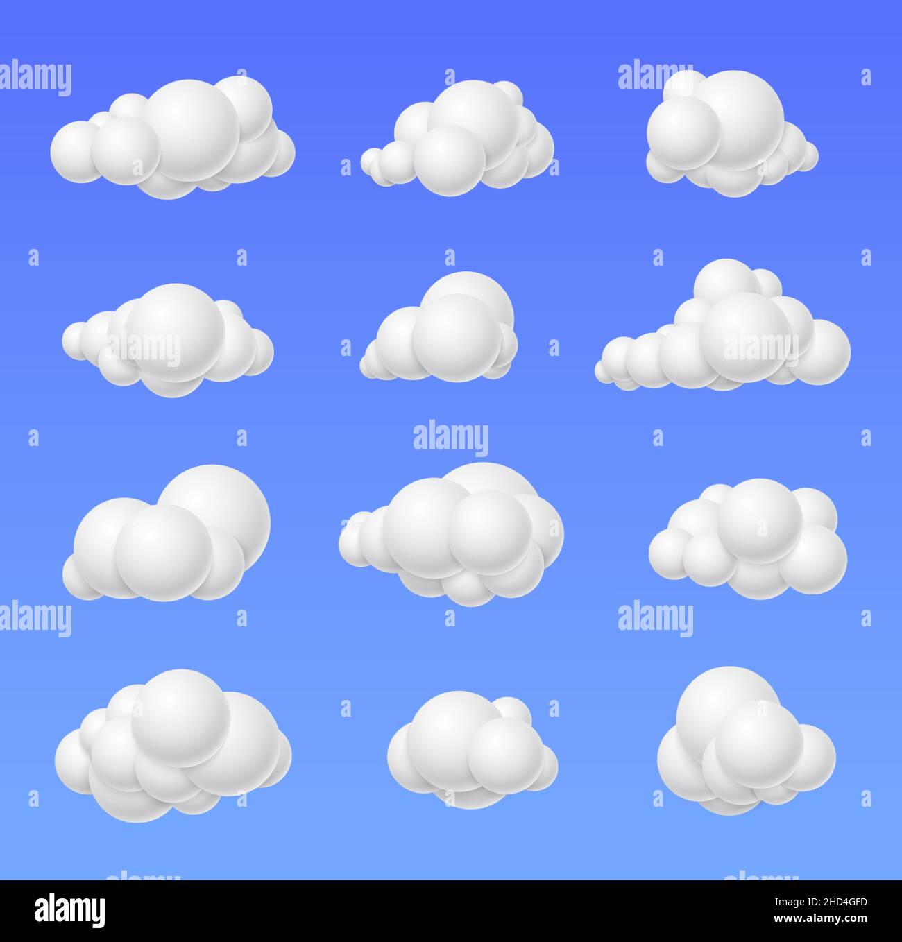 Isolated 3d white clouds. Cloud render, cartoon heaven elements. Decorative cotton sky bubbles. Sphere shapes compositions exact vector set Stock Vector