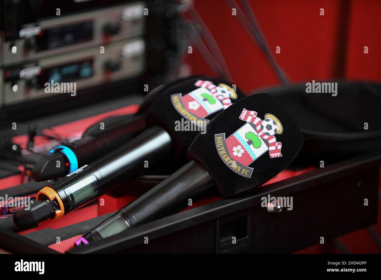 TV microphones are seen with Southampton club badge - Southampton v Burnley, Premier League, St Marys Stadium, Southampton, UK - 22nd October 2021 Editorial Use Only - DataCo restrictions apply Stock Photo