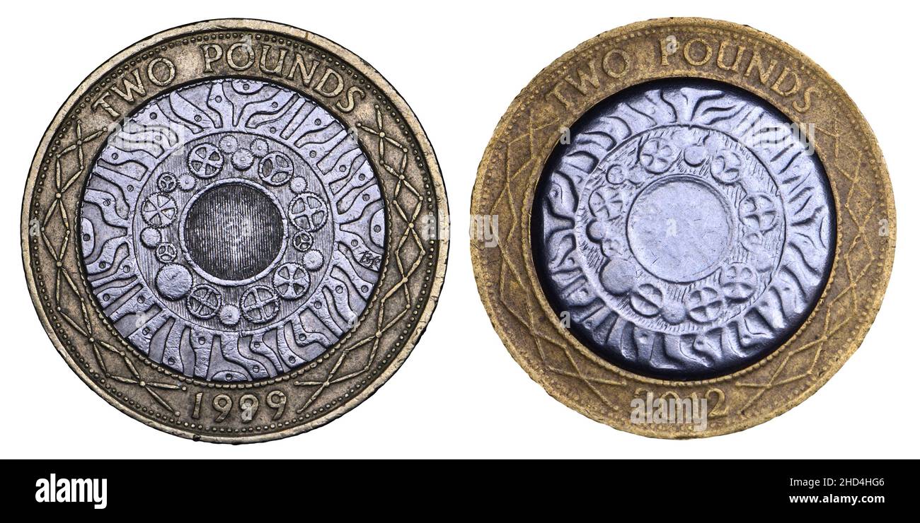 British bimetallic £2 coin. Genuine (left) and counterfeit (right) showing the lack of detail in the fake. Stock Photo