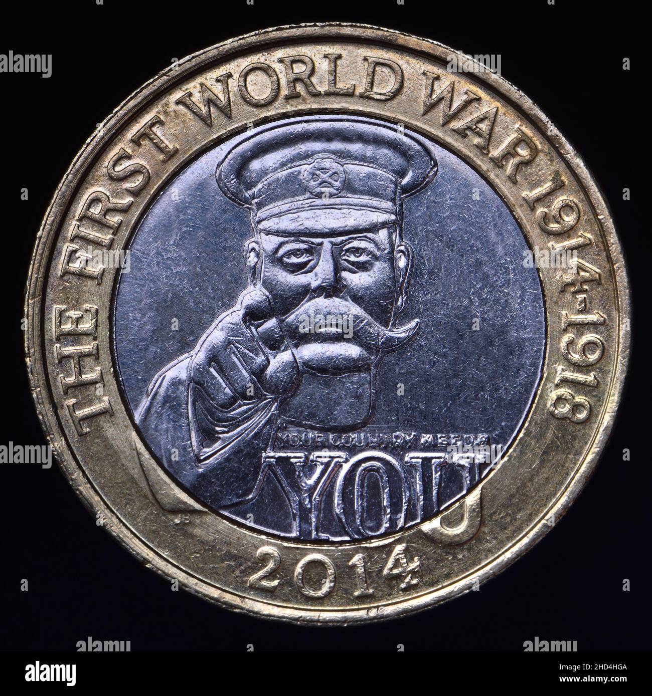 British bimetallic £2 coin (2014) THE LAMPS ARE GOING OUT ALL OVER EUROPE- 100th Anniversary of the First World War – Outbreak. Designed by John Berg Stock Photo