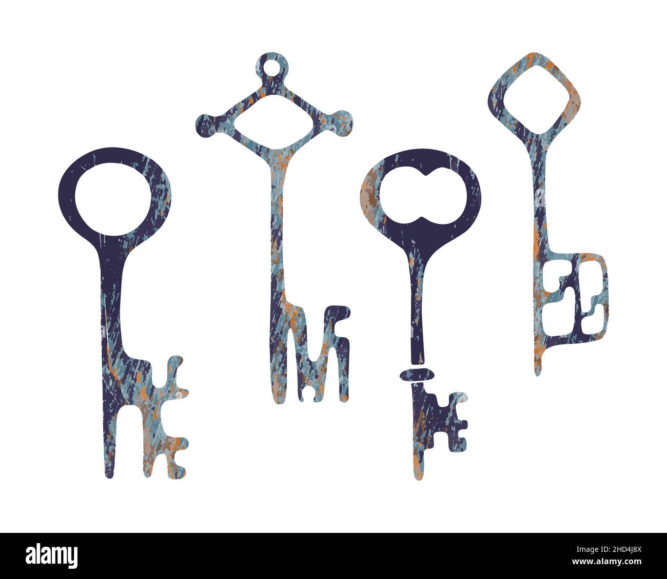 Old vintage key set, isolated, white background. Hand drawing doodle