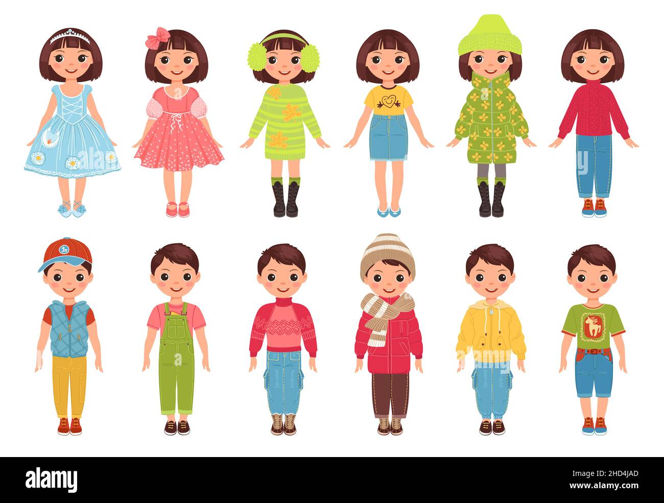 Kids different wearing. Stylish happy girls and boys characters. Childish outfits. Teenage models. Fashionistas in summer or winter trendy clothes Stock Vector