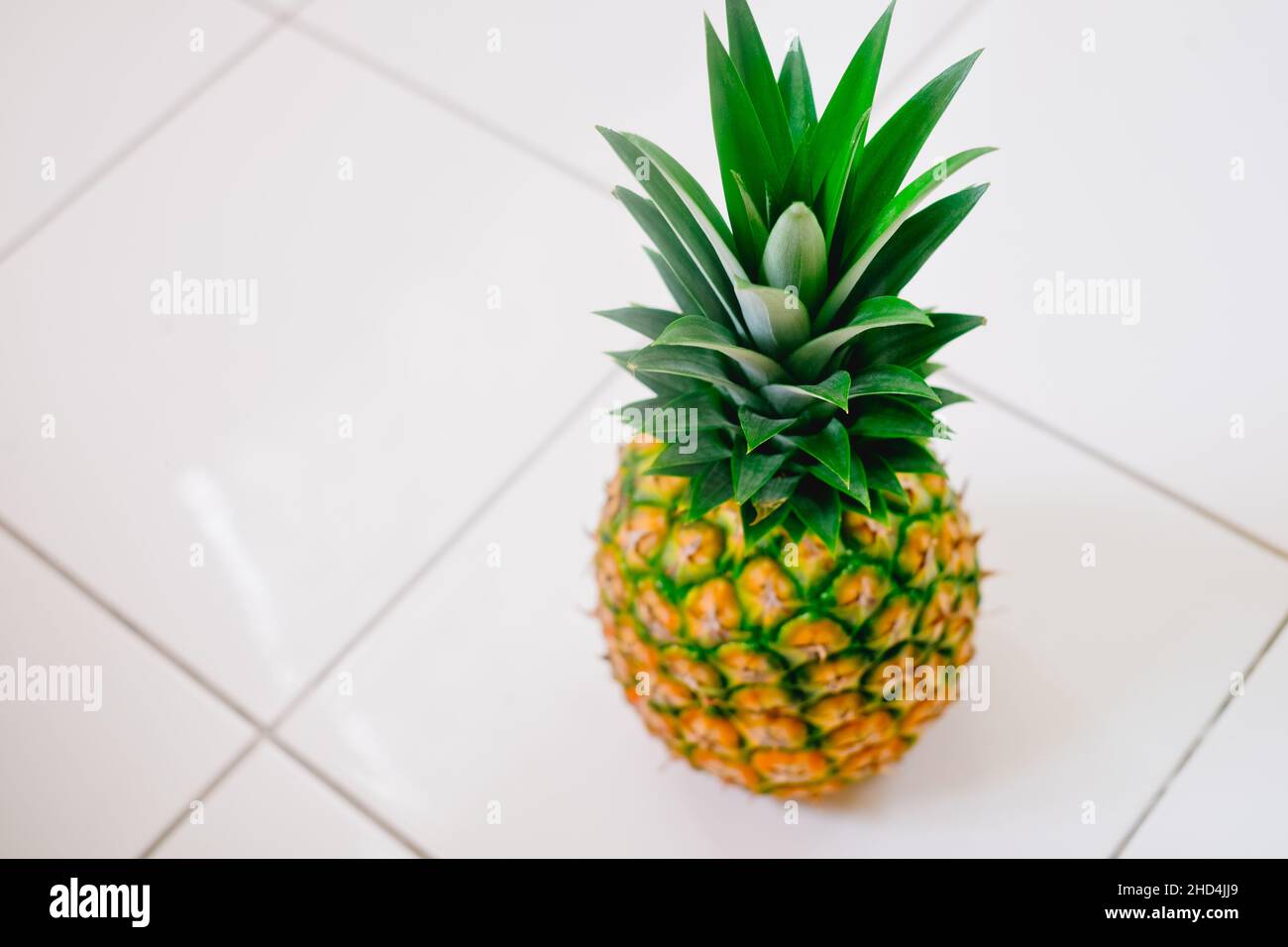 High angle view of freshly picked ripe juicy delicious MG3 variety of whole pineapple fruit on white background. Copy space at the left. Closeup. Stock Photo