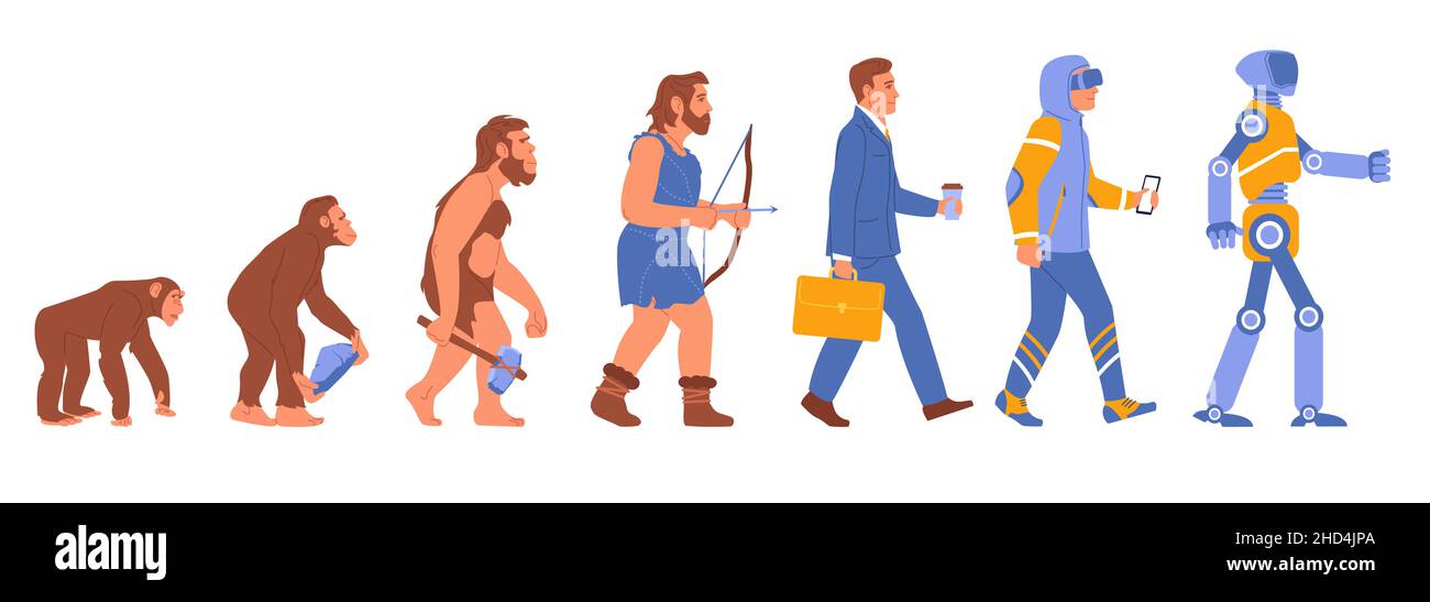 Man evolution. Human development stages. Primate and historical ancestor. Worker or android. People progress. Sequence from monkey to robot. Vector Stock Vector