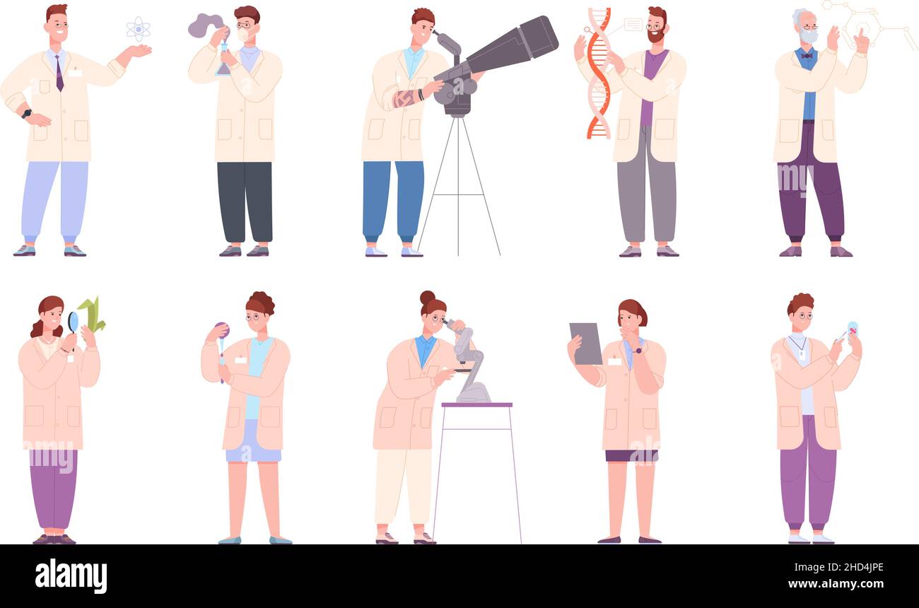 People laboratory workers. Lab worker, scientist physicist biologist chemistry engineer medical researcher, professor with telescope or microscope, set splendid vector illustration Stock Vector