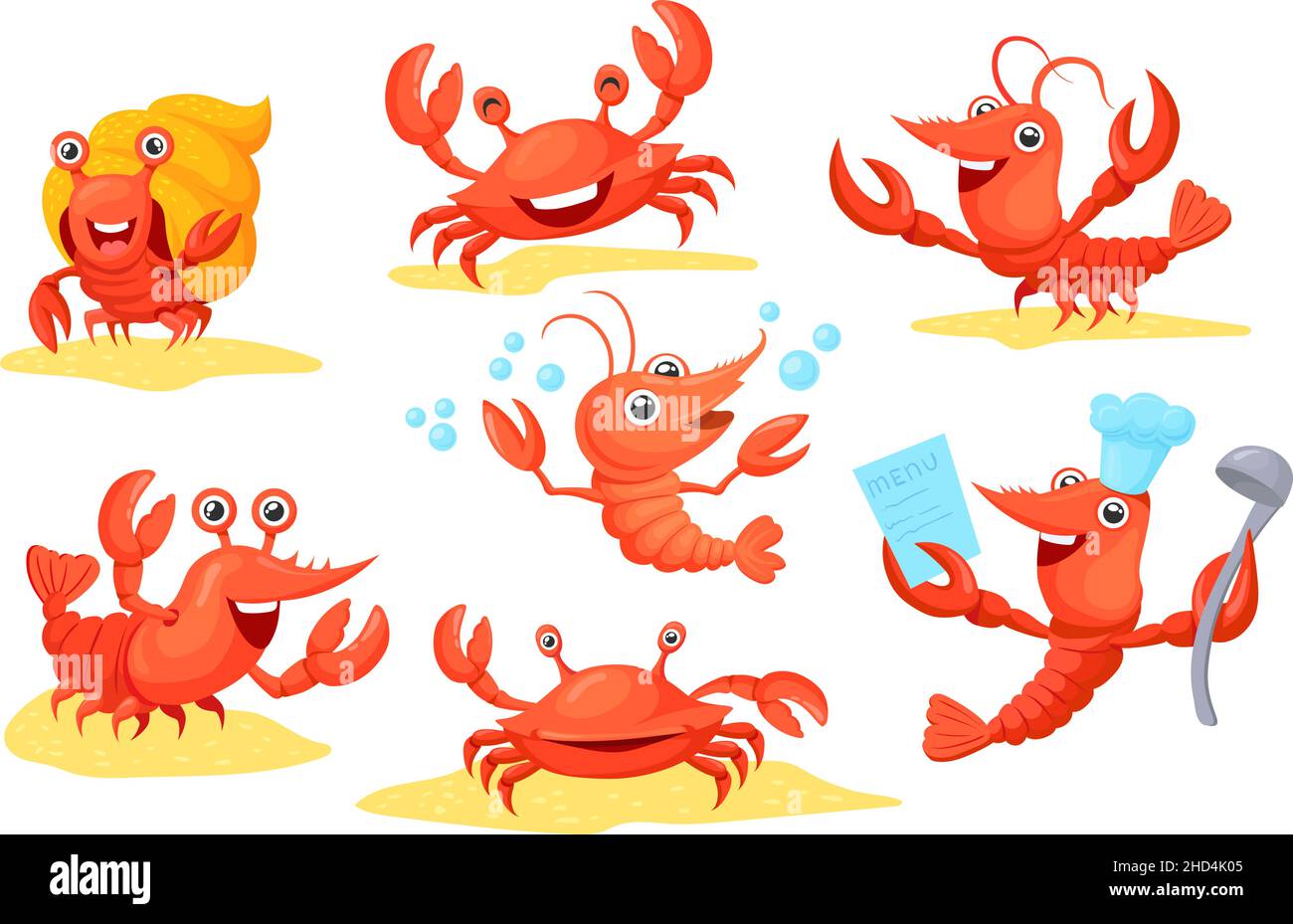Cartoon cute crustaceans. Prawns shrimp crab prawn lobster crawfish