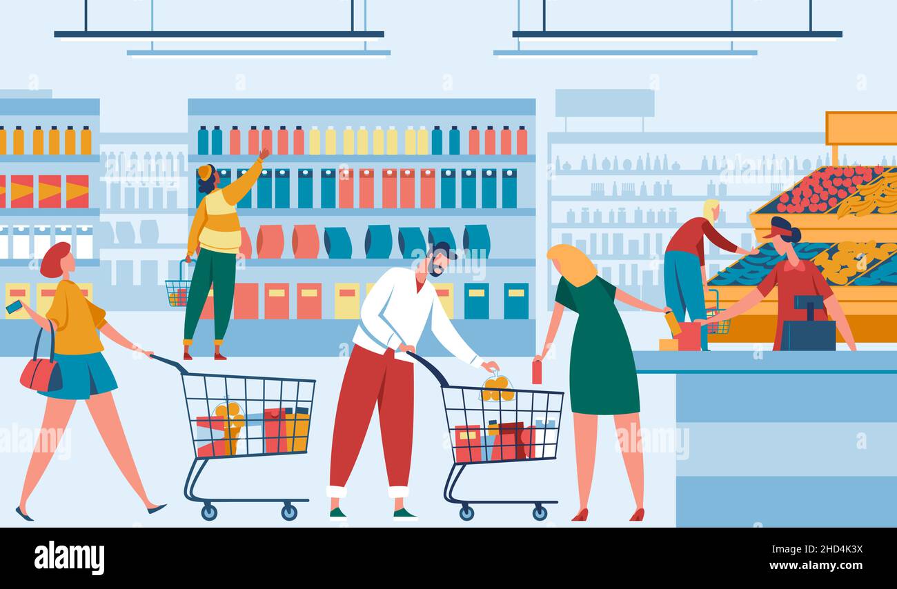 Family do shopping in supermarket, foodstuff store. Super market and store, people in grocery shop or food retail, vector illustration Stock Vector