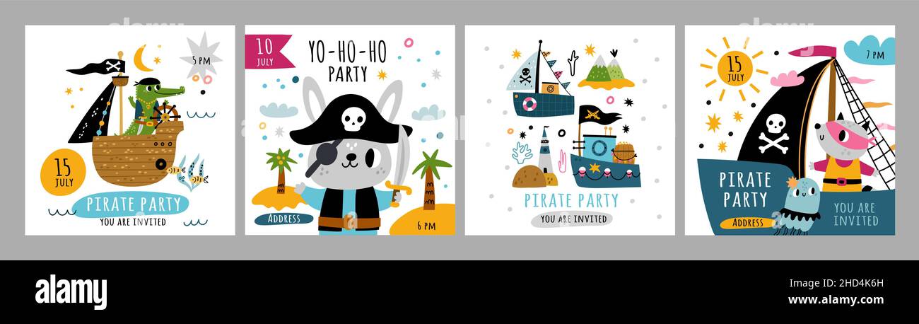 Cute pirate cards. Kids sailors with marine elements. Happy animals characters with sabers. Ships and filibusters. Tropical islands with palms and sea Stock Vector