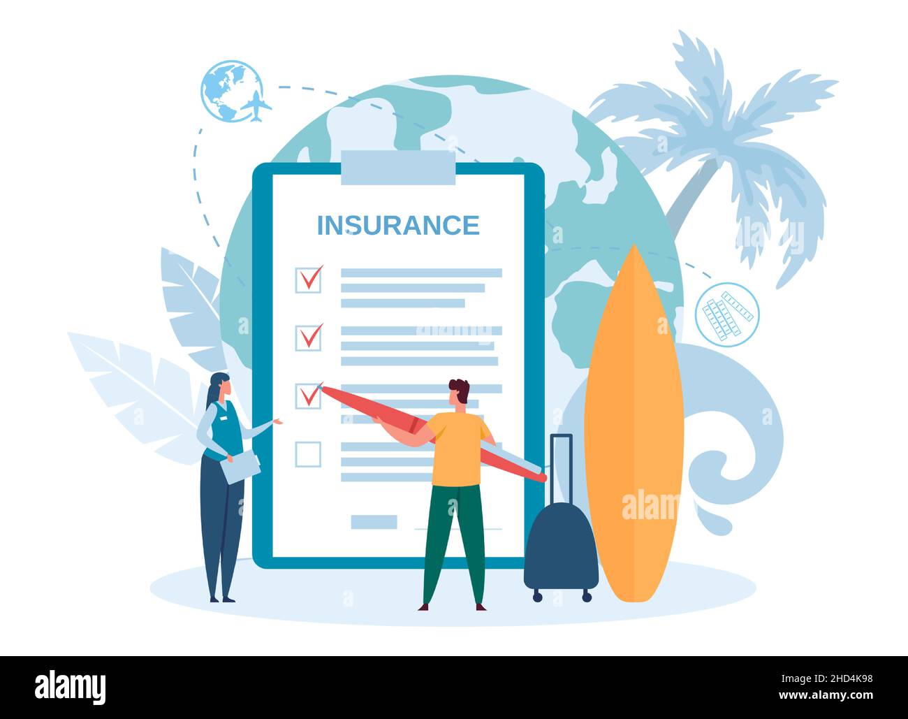 Travel insurance, safety holiday, sign contract for journey. Vector