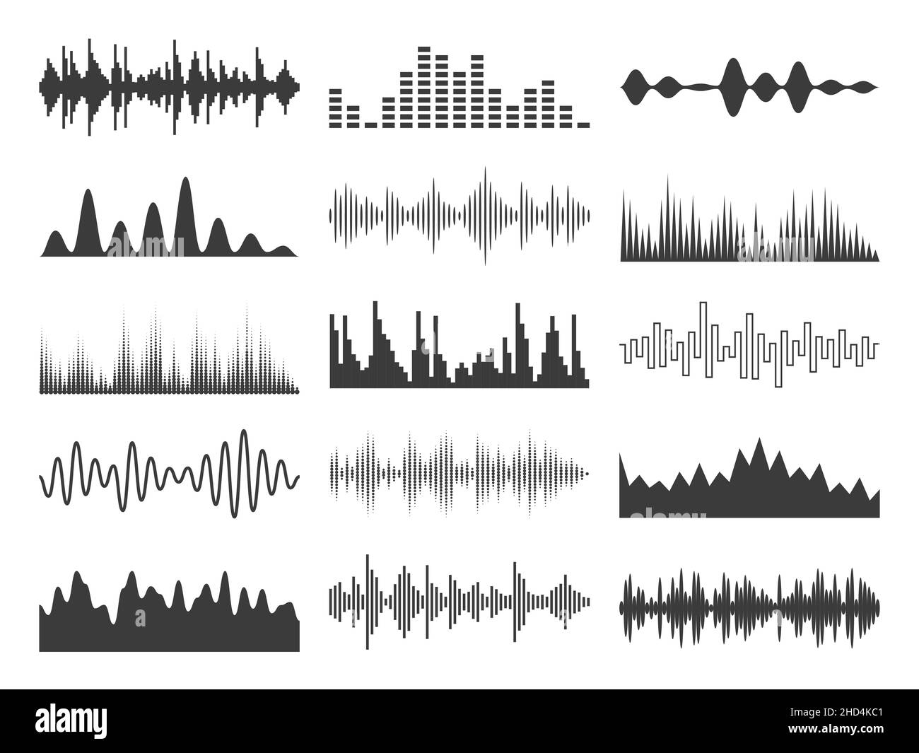 Black sound waves. Music tracks. Beats graphic presentation. Electronic audio signals frequency. Stereo signals forms. Musical recorder abstract Stock Vector
