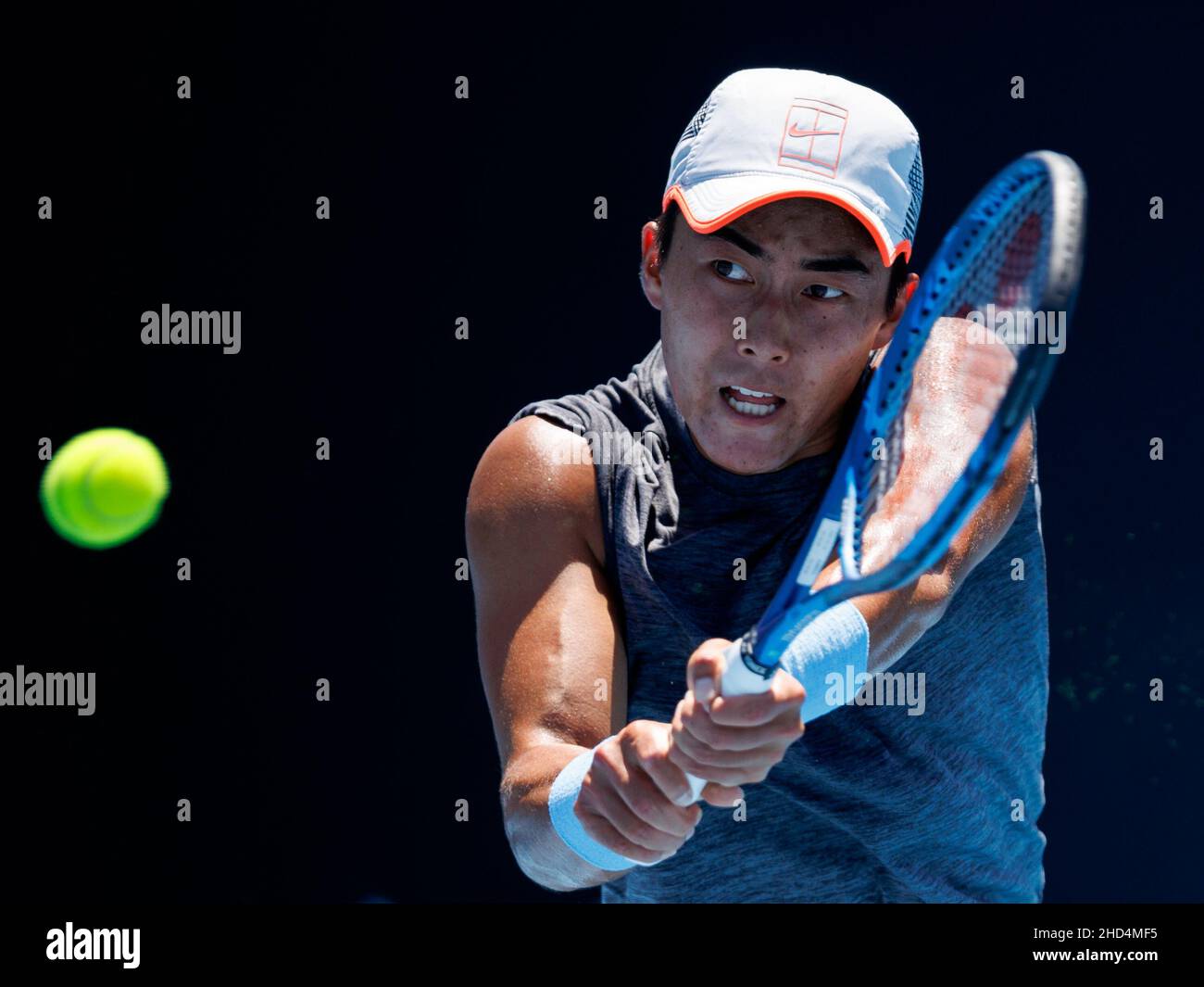 Rinky Hijikata of Australia in action during Day 1 of the Kooyong Classic  Tennis Tournament last match against Zhang Zhizhen of China at Kooyong Lawn  Tennis Club. Melbourne's summer of tennis has