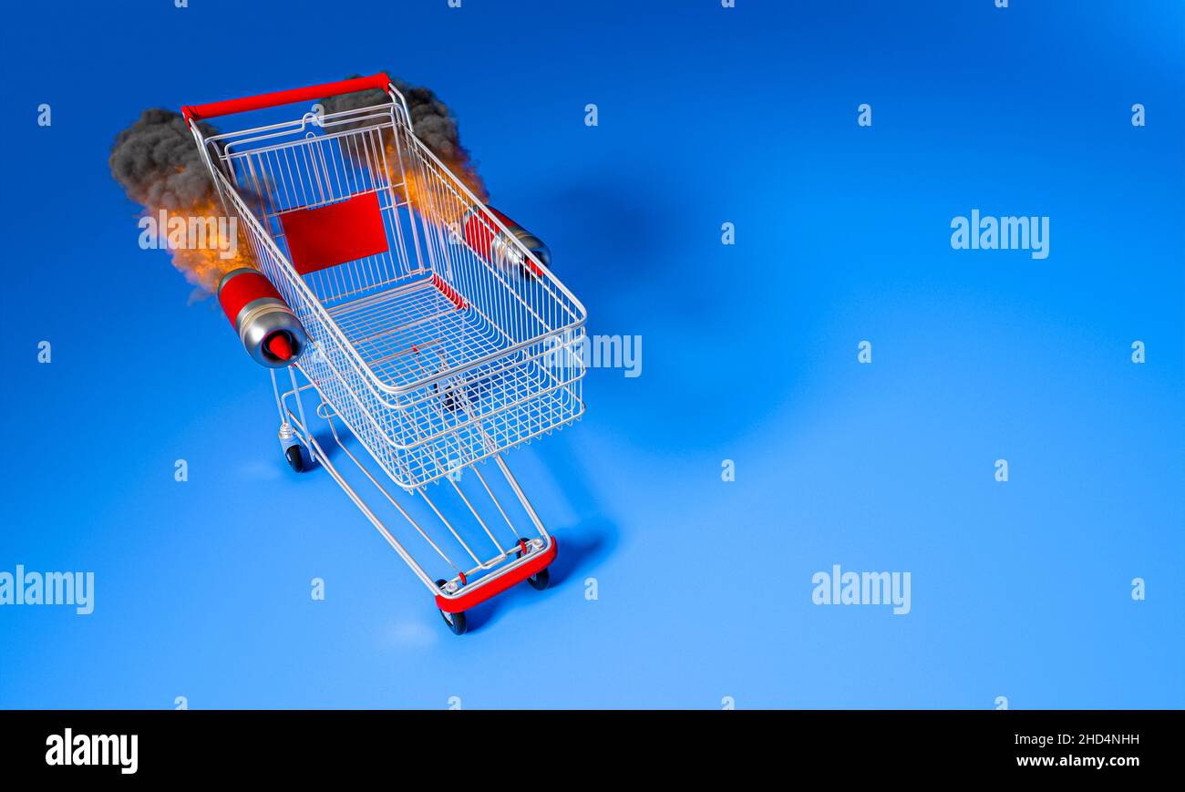 shopping cart with rockets, fast shopping concept. 3d render Stock Photo