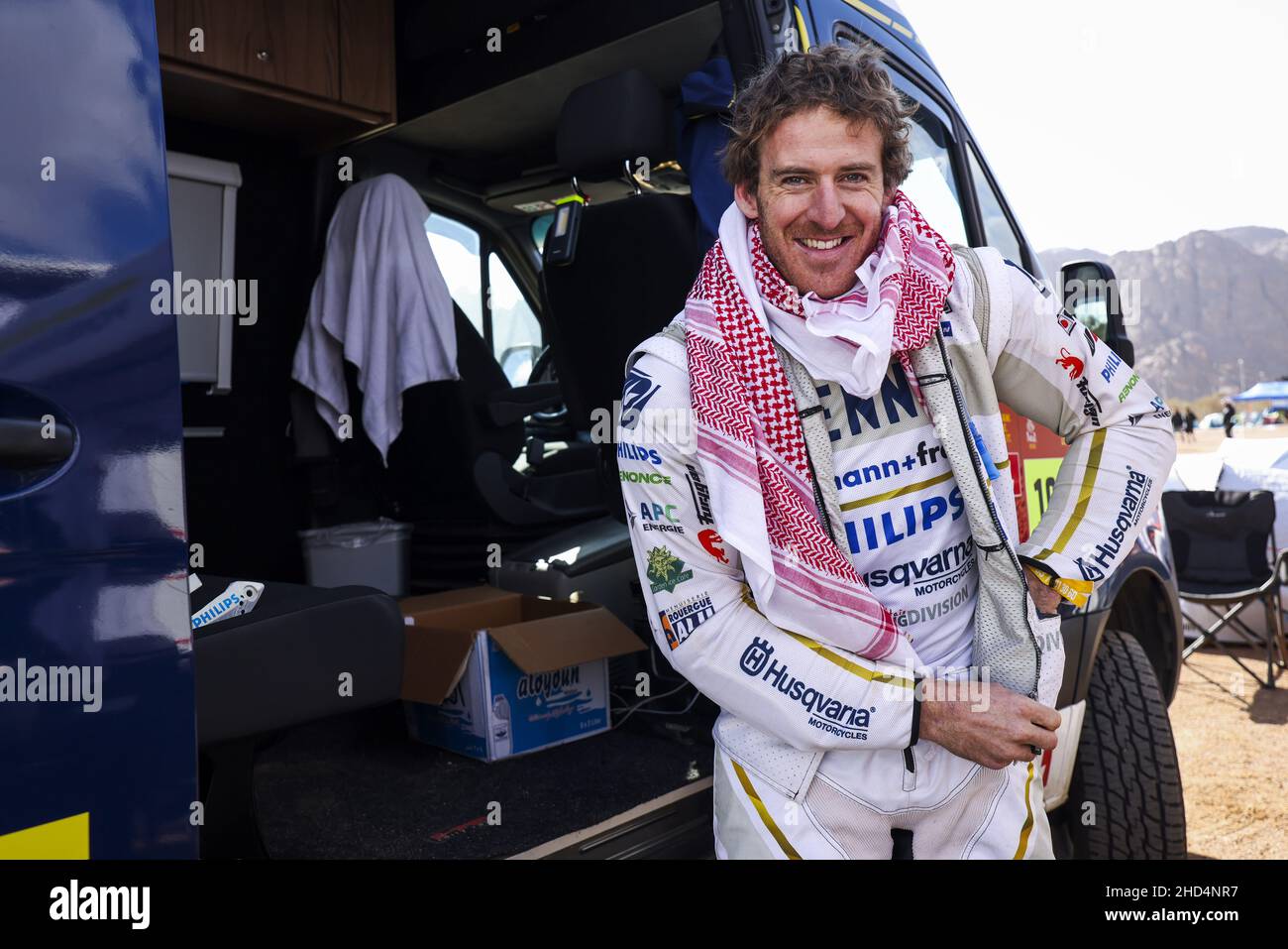 De Soultrait Xavier (fra), HT Rally Raid Husqvarna Racing, Husqvarna FR 450 Rally, Moto, Motul, portrait during the Stage 1B of the Dakar Rally 2022 around Hail, on January 2nd, 2022 in Hail, Saudi Arabia - Photo: Julien Delfosse/DPPI/LiveMedia Stock Photo