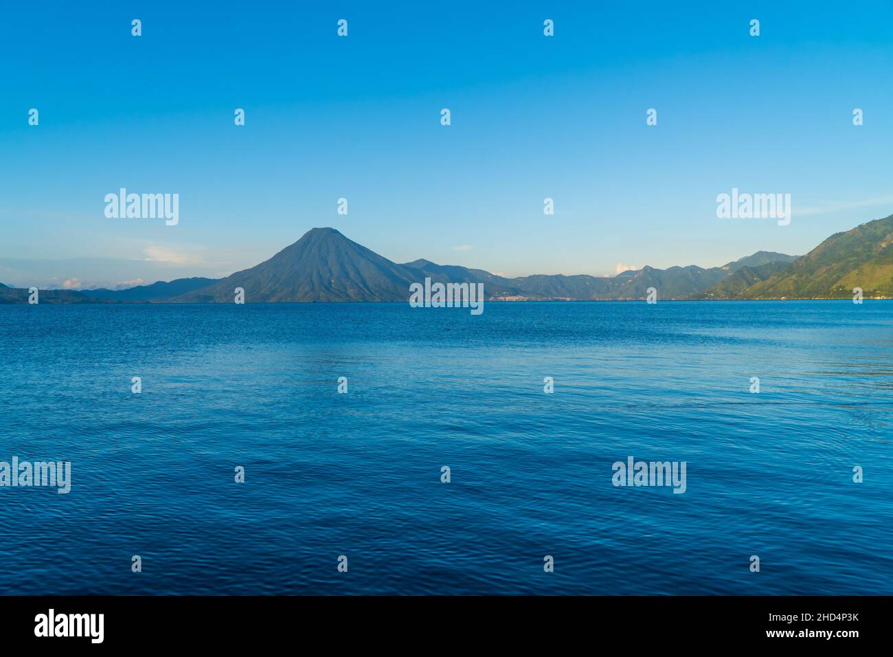 Beautiful view of Lake Atitlan from Panajachel and volcanos in the highlands of Guatemala Stock Photo