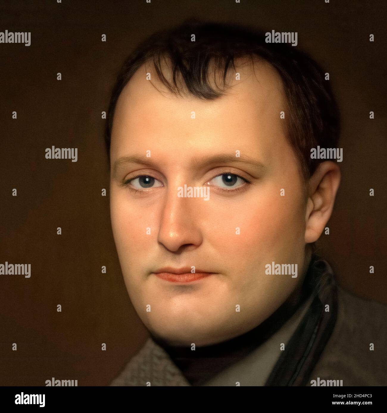 Based on historical documents, reconstruction by an artificial intelligence of the face of Napoleon I. Photo realistic portrait. Stock Photo