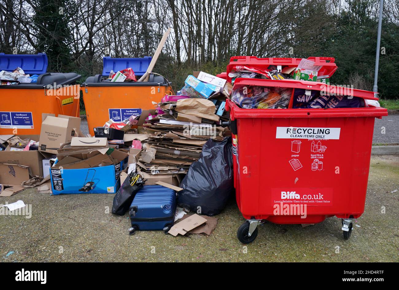A view of an overflowing recycling point in Ashford, Kent. Picture date