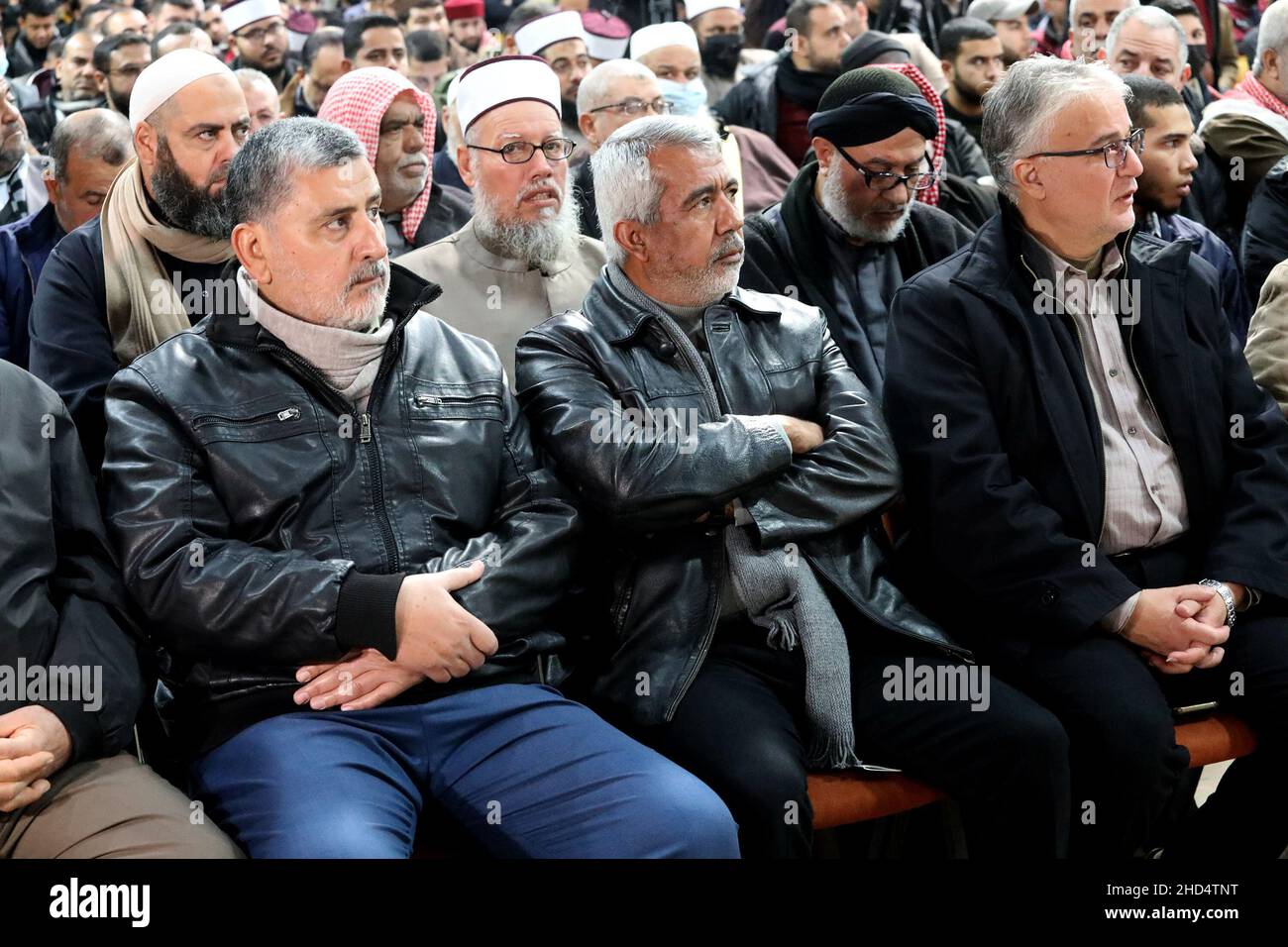 Palestinians attend a ceremony in Gaza city to commemorate the second anniversary of killing of top Iranian commander Qasem Soleimani, on Jan 3, 2022. Stock Photo